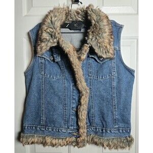 Cruel Girl Vest Womens Medium Blue Denim Faux Fur Collar Trim Button Front